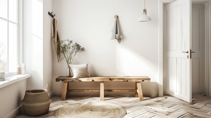 Scandinavian entryway design with clean lines, wooden bench, simple decor, and a welcoming atmosphere