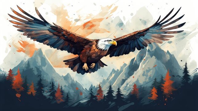 Bird flying over mountains, flat design, top view, mountainous theme, watercolor, Complementary Color Scheme