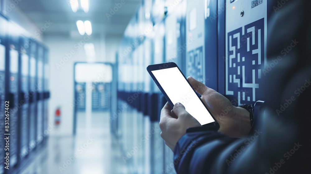 Wall mural mockup of smartphone controlling automated lockers. smart technology and remote access