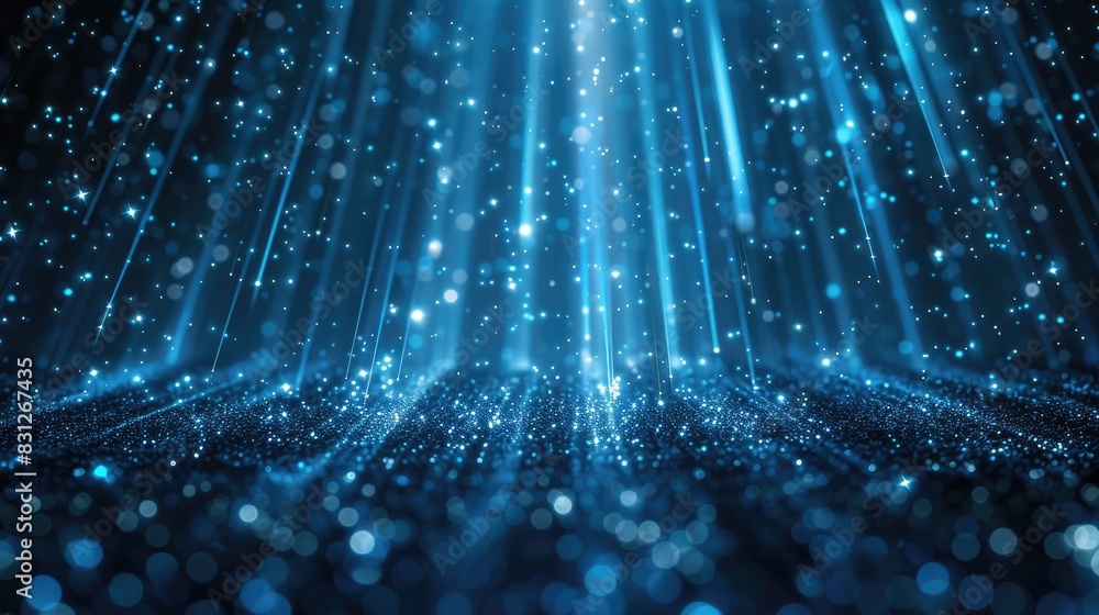Poster blue glitter particles falling in a continuous loop, illuminated by delicate light rays for an encha