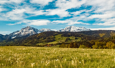 Alpine spring view with Mount Hochstaufen in the background near Hoeglwoerth, Berchtesgadener Land, Bavaria, Germany