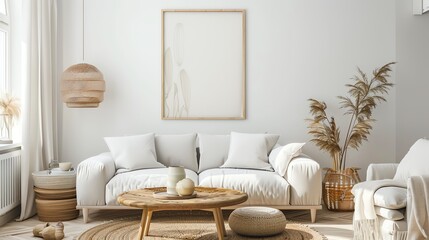 Scandinavian living room with minimalist furniture, large windows, and natural light flooding in, cozy fireplace, and wooden accents