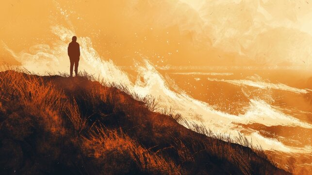 A silhouette of a man standing on a hill and looking at the waves of the autumn sea on a windy, overcast day