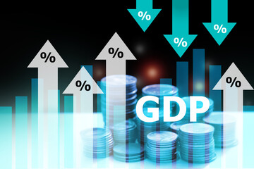 GDP with up and down arrow and coin stack  Gross domestic product concept © wor_woot