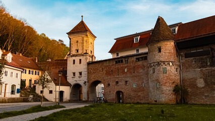 Fototapeta premium Old building on a sunny spring evening at Landsberg, Lech, Bavaria, Germany