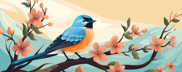 Bird perched on a branch, flat design, front view, garden theme, cartoon drawing, Analogous Color Scheme