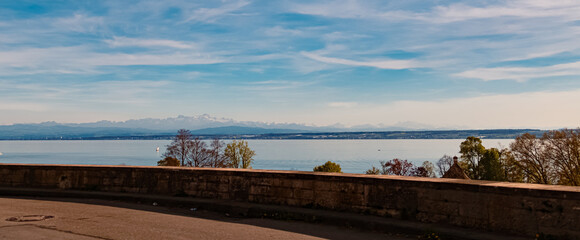 Alpine spring view with the alps in the background near Meersburg, Lake Bodensee, Baden-Württemberg, Germany