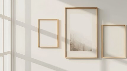 Wooden photo frames hanging on the wall, white background, forest images inside each frame, light and shadow effects, natural lighting, simple composition, modern style.