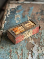 Placed on a weathered table, an old matchbox with a rustic design.