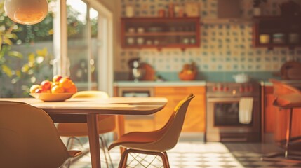 A sunlit kitchen with retro decor features a wooden table and chairs, with a bowl of fruit. The counter holds various kitchen utensils, with shelves and a stove in the background. - Powered by Adobe