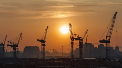 Obraz premium Silhouette of Engineer and worker on building site, construction site at sunset in evening time. Urban Construction Landscape, Ideal for architectural firms, construction companies, and real estate ag