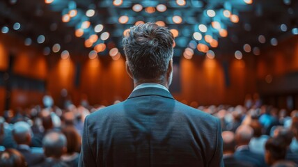 Focused executive speaks at conference, suitable for corporate and educational contexts. Ideal for materials on business leadership, executive training, and keynote presentations.