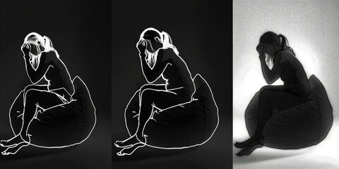 Sketch composite collage of black white silhouette young passive upset sleepy lady hold head on hands sit in beanbag cross legs  - Powered by Adobe