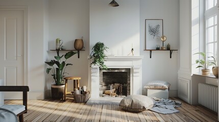 Scandinavian living room with a minimalist fireplace, white walls, wooden flooring, and cozy textiles