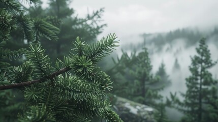 Fototapeta premium Close-up of pine branches in the foreground and misty forest trees behind them. The background is a dense mountain landscape shrouded in fog and clouds.