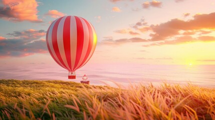 Fototapeta premium Red and white striped hot air balloon floating over the dunes of New Zealand, with a lighthouse in the background, sunset sky, dreamy, beautiful, colorful.