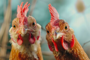 Fototapeta premium Closeup portrait of two curious chickens on a rural farm, showcasing their inquisitive behavior and vivid feathered colors in natural light