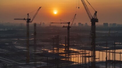Silhouette of Engineer and worker on building site, construction site at sunset in evening time. Urban Construction Landscape, Ideal for architectural firms, construction companies, and real estate ag