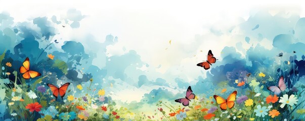 Butterflies in a meadow, flat design, front view, summer theme, watercolor, Splitcomplementary color scheme