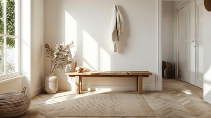 Scandinavian entryway with clean lines, wooden bench, natural light, and simple decor