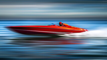 A red boat with a pilot rushes at full speed over the water, creating splashes and waves. The speed boat has a blur effect when moving at high speed. It's a sunny day against a blue sky.