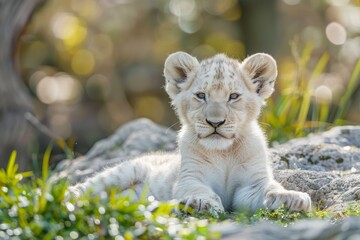 Young lion cub lies peacefully amidst nature, bathed in soft sunlight