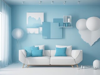living room illuminated sky color and 3D rendering of decor accessories with a empty white wall.