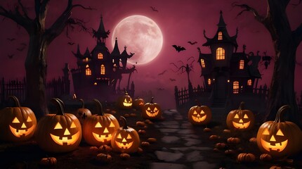 Halloween themed cartoon background with pumpkins, ghosts and witches in dark pink and orange style. Generative AI