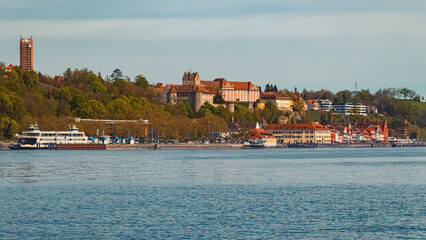 Beautiful spring view with a car ferry near Meersburg, Lake Bodensee, Baden-W&uuml;rttemberg, Germany