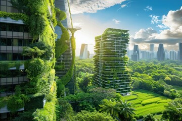 Obraz premium A city with tall buildings and green plants growing on them