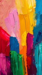 Close-up of a colorful oil painting showcasing a blend of vivid hues