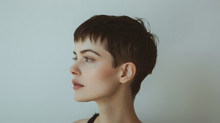 A serene portrait of a woman with short hair looking thoughtfully to the side