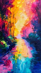 Colorful expressionist painting of a forest at sunset with bold brush strokes