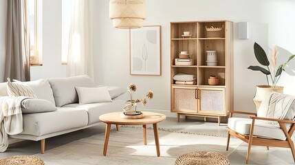 Scandinavian storage unit featuring clean lines, neutral colors, and wooden accents