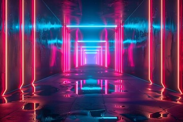  - Urban tunnel glowing with neon lights, suitable for creative projects., Vibrant tunnel bathed in neon light, perfect for urban concepts.