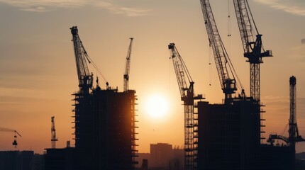 Obraz premium Urban Construction Landscape, Ideal for architectural firms, construction companies, and real estate agencies. Background depicts modern buildings and construction cranes against the urban sky. Silhou