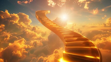 A golden staircase spiraling upwards into the clouds, representing ambition and limitless possibilities