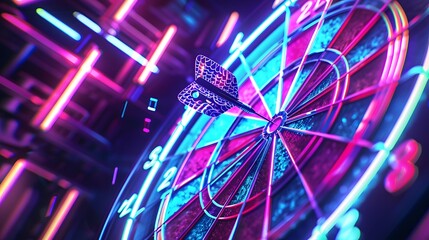 A dart strikes the bullseye on a futuristic neon dartboard.