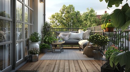 Scandinavian balcony with minimalist furniture, wooden flooring, potted plants, and a serene atmosphere