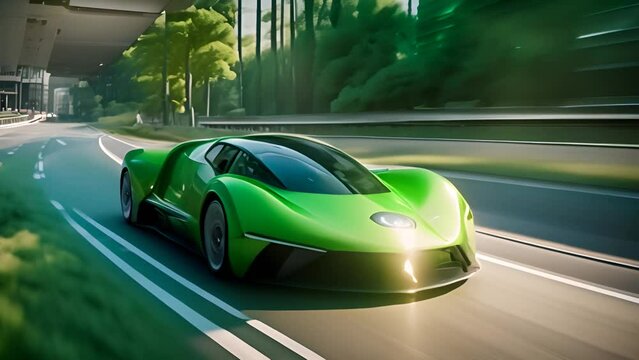 Green Sports Car Speeds Down City Street Generative AI