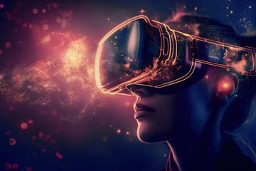 Pretty, young woman wearing a VR headset and experiencing metaverse - Powered by Adobe