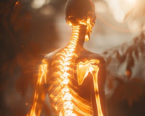A digital illustration of a glowing human skeleton with highlighted spine and shoulder blades, set against a blurred outdoor background.