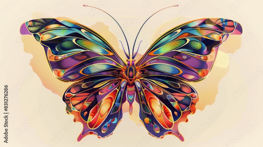 Poster colorful artistic rendering of a butterfly with intricate patterns on a pastel background