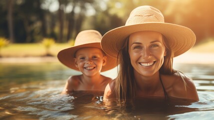 Happy mother and two kids having fun at the swimming pool on a sunny summer holiday