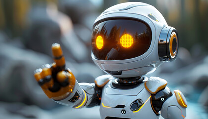 Fototapeta premium A robot with a yellow face is pointing to the camera by AI generated image