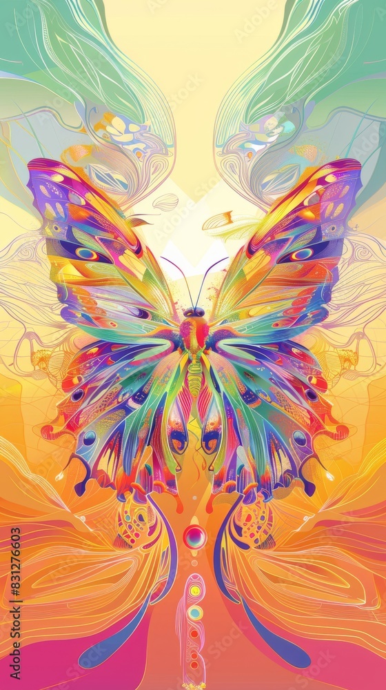 Poster colorful digital artwork featuring a symmetrical butterfly with intricate patterns