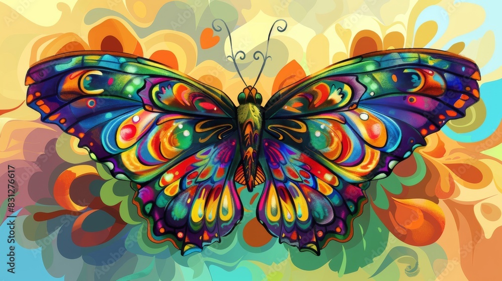 Poster colorful artistic rendering of a butterfly with intricate patterns on wings