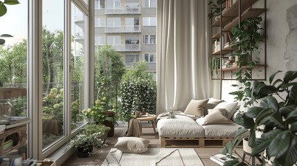 Scandinavian balcony with neutral colors, minimalist design, comfortable seating, and natural light