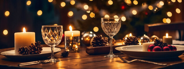 Elegant Christmas dinner mockup, wood table, tree, baubles, candles, shimmering lights.
