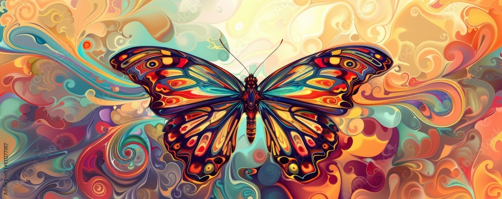 Poster digital artwork of a butterfly with colorful psychedelic patterns on its wings